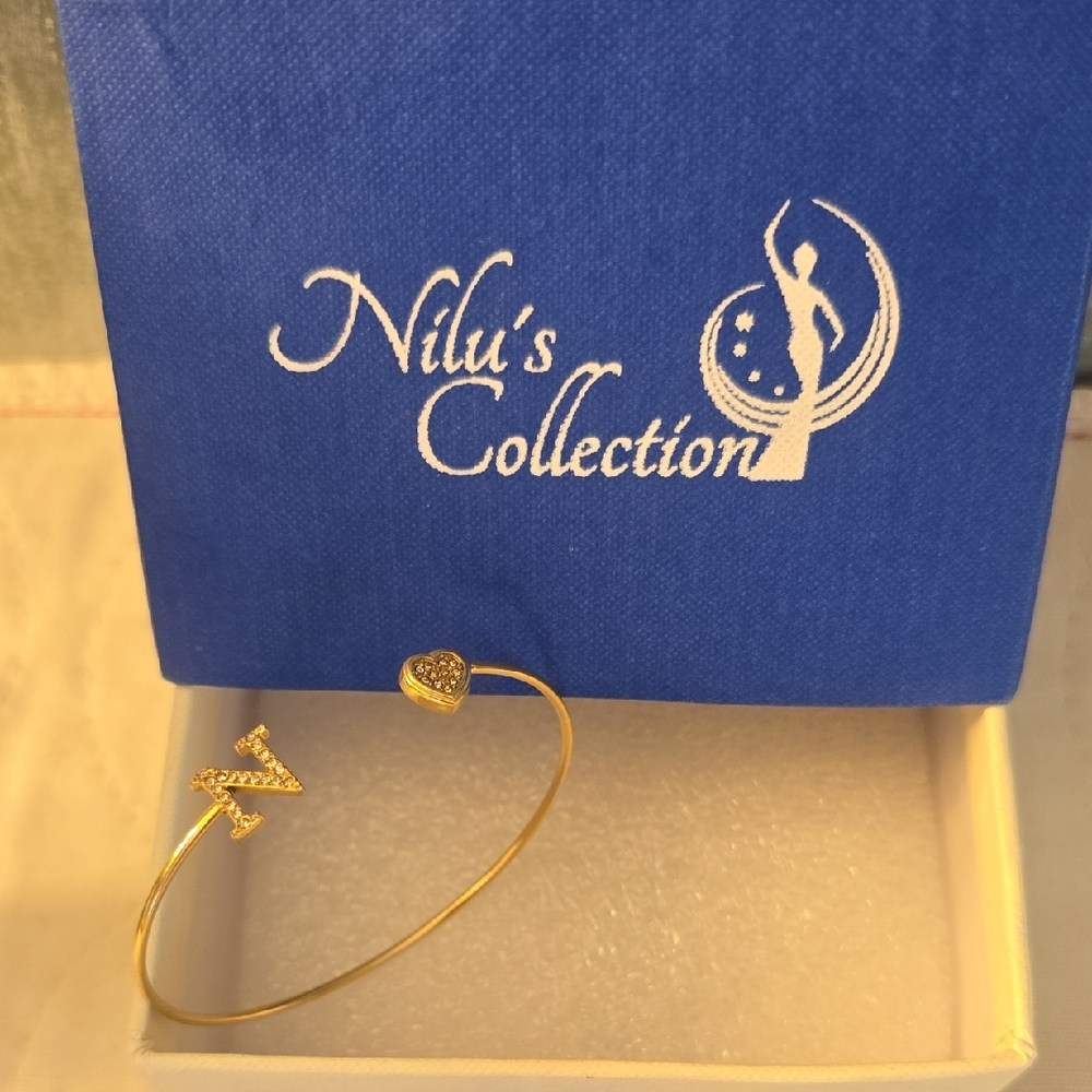 Nilu's Collection Glod Plated Initial "N" & Heart Open Bangle Bracelet New